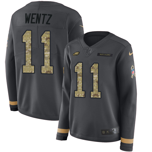 Nike Eagles #11 Carson Wentz Anthracite Salute to Service Women's Stitched NFL Limited Therma Long Sleeve Jersey Nike Eagles #11 Carson Wentz Anthracite Salute to Service Women's Stitched NFL Limited Therma Long Sleeve Jersey
