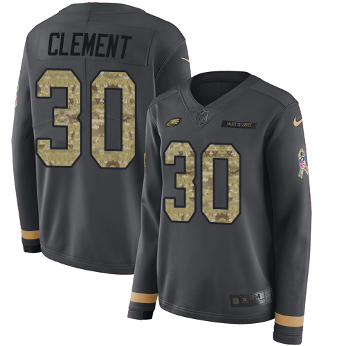 Nike Eagles #30 Corey Clement Anthracite Salute to Service Women's Stitched NFL Limited Therma Long Sleeve Jersey Nike Eagles #30 Corey Clement Anthracite Salute to Service Women's Stitched NFL Limited Therma Long Sleeve Jersey