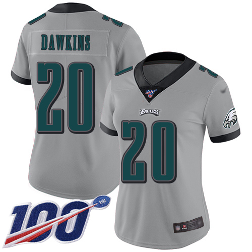 Nike Eagles #20 Brian Dawkins Silver Women's Stitched NFL Limited Inverted Legend 100th Season Jersey Nike Eagles #20 Brian Dawkins Silver Women's Stitched NFL Limited Inverted Legend 100th Season Jersey