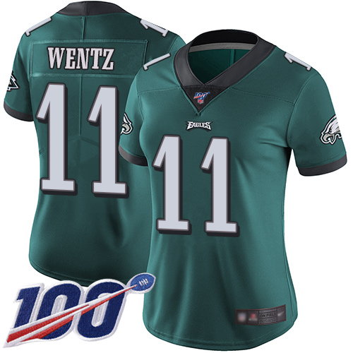 Nike Eagles #11 Carson Wentz Midnight Green Team Color Women's Stitched NFL 100th Season Vapor Limited Jersey Nike Eagles #11 Carson Wentz Midnight Green Team Color Women's Stitched NFL 100th Season Vapor Limited Jersey