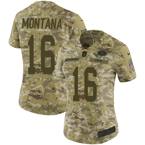 Nike 49ers #16 Joe Montana Camo Women's Stitched NFL Limited 2018 Salute to Service Jersey Nike 49ers #16 Joe Montana Camo Women's Stitched NFL Limited 2018 Salute to Service Jersey