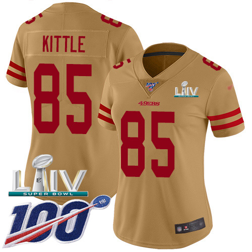 Nike 49ers #85 George Kittle Gold Super Bowl LIV 2020 Women's Stitched NFL Limited Inverted Legend 100th Season Jersey Nike 49ers #85 George Kittle Gold Super Bowl LIV 2020 Women's Stitched NFL Limited Inverted Legend 100th Season Jersey