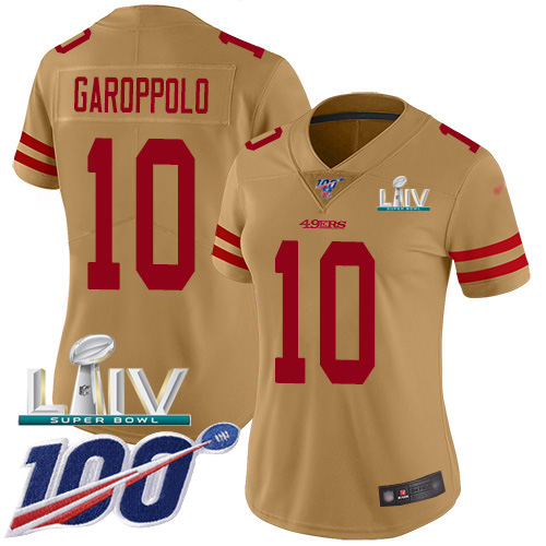 Nike 49ers #10 Jimmy Garoppolo Gold Super Bowl LIV 2020 Women's Stitched NFL Limited Inverted Legend 100th Season Jersey Nike 49ers #10 Jimmy Garoppolo Gold Super Bowl LIV 2020 Women's Stitched NFL Limited Inverted Legend 100th Season Jersey