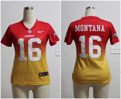 Nike 49ers #16 Joe Montana Red/Gold Women's Stitched NFL Elite Fadeaway Fashion Jersey Nike 49ers #16 Joe Montana Red/Gold Women's Stitched NFL Elite Fadeaway Fashion Jersey