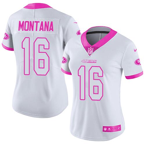 Nike 49ers #16 Joe Montana White/Pink Women's Stitched NFL Limited Rush Fashion Jersey Nike 49ers #16 Joe Montana White/Pink Women's Stitched NFL Limited Rush Fashion Jersey