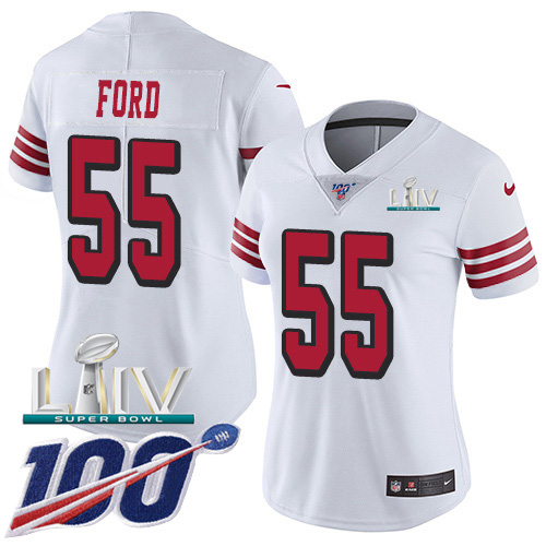 Nike 49ers #55 Dee Ford White Super Bowl LIV 2020 Rush Women's Stitched NFL Limited 100th Season Jersey Nike 49ers #55 Dee Ford White Super Bowl LIV 2020 Rush Women's Stitched NFL Limited 100th Season Jersey