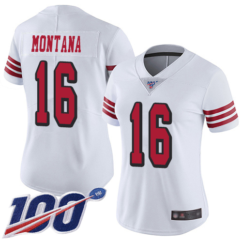 Nike 49ers #16 Joe Montana White Rush Women's Stitched NFL Limited 100th Season Jersey Nike 49ers #16 Joe Montana White Rush Women's Stitched NFL Limited 100th Season Jersey