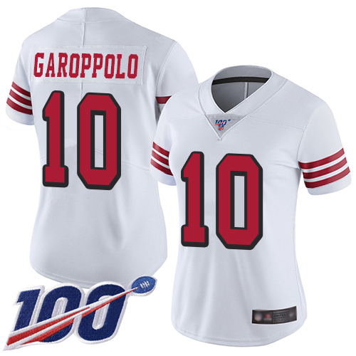 Nike 49ers #10 Jimmy Garoppolo White Rush Women's Stitched NFL Limited 100th Season Jersey Nike 49ers #10 Jimmy Garoppolo White Rush Women's Stitched NFL Limited 100th Season Jersey
