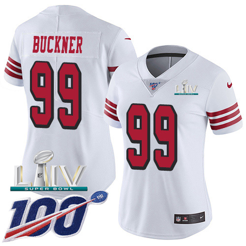 Nike 49ers #99 DeForest Buckner White Super Bowl LIV 2020 Rush Women's Stitched NFL Limited 100th Season Jersey Nike 49ers #99 DeForest Buckner White Super Bowl LIV 2020 Rush Women's Stitched NFL Limited 100th Season Jersey