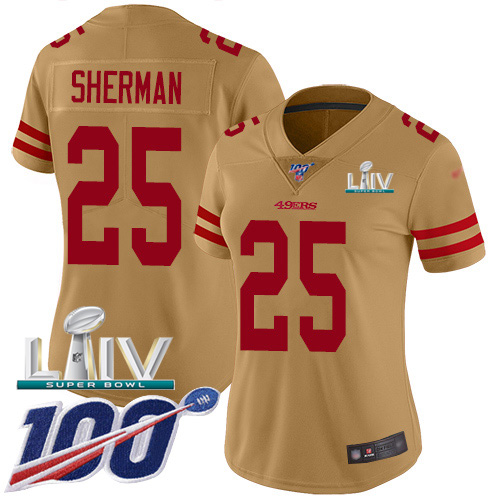 Nike 49ers #25 Richard Sherman Gold Super Bowl LIV 2020 Women's Stitched NFL Limited Inverted Legend 100th Season Jersey Nike 49ers #25 Richard Sherman Gold Super Bowl LIV 2020 Women's Stitched NFL Limited Inverted Legend 100th Season Jersey