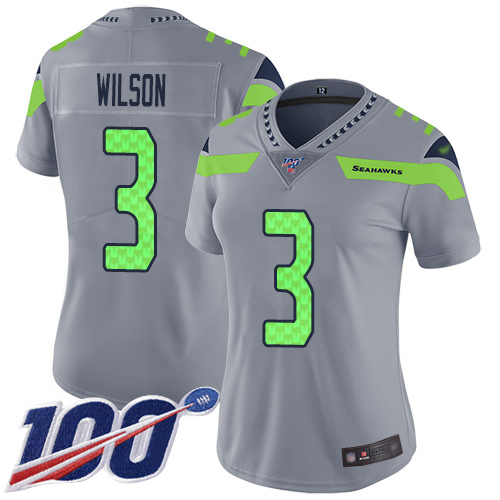 Nike Seahawks #3 Russell Wilson Silver Women's Stitched NFL Limited Inverted Legend 100th Season Jersey Nike Seahawks #3 Russell Wilson Silver Women's Stitched NFL Limited Inverted Legend 100th Season Jersey