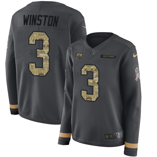 Nike Buccaneers #3 Jameis Winston Anthracite Salute to Service Women's Stitched NFL Limited Therma Long Sleeve Jersey Nike Buccaneers #3 Jameis Winston Anthracite Salute to Service Women's Stitched NFL Limited Therma Long Sleeve Jersey