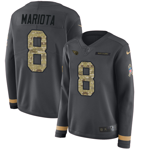 Nike Titans #8 Marcus Mariota Anthracite Salute to Service Women's Stitched NFL Limited Therma Long Sleeve Jersey Nike Titans #8 Marcus Mariota Anthracite Salute to Service Women's Stitched NFL Limited Therma Long Sleeve Jersey