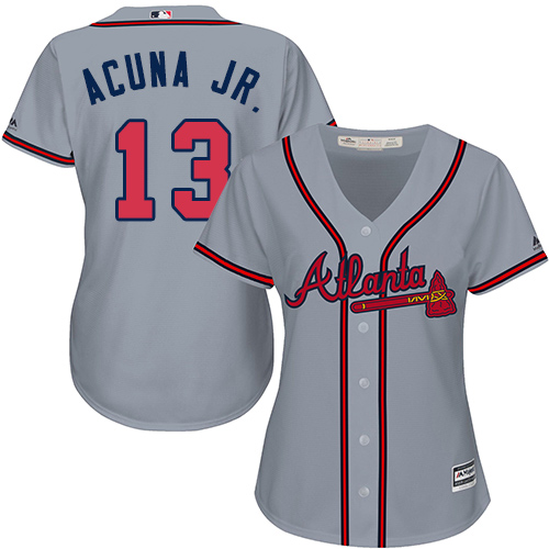 Braves #13 Ronald Acuna Jr. Grey Road Women's Stitched MLB Jersey Braves #13 Ronald Acuna Jr. Grey Road Women's Stitched MLB Jersey