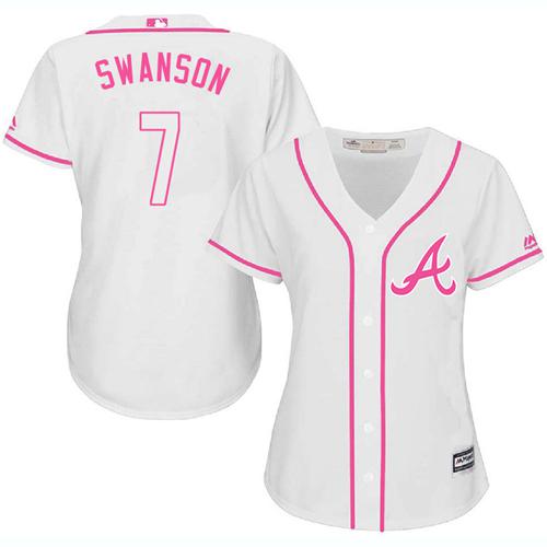 Braves #7 Dansby Swanson White/Pink Fashion Women's Stitched MLB Jersey Braves #7 Dansby Swanson White/Pink Fashion Women's Stitched MLB Jersey
