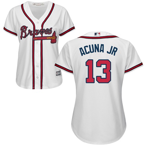 Braves #13 Ronald Acuna Jr. White Home Women's Stitched MLB Jersey Braves #13 Ronald Acuna Jr. White Home Women's Stitched MLB Jersey