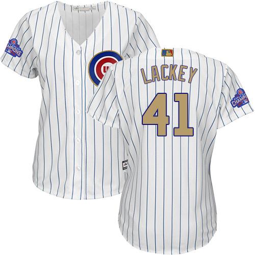 Cubs #41 John Lackey White(Blue Strip) 2017 Gold Program Cool Base Women's Stitched MLB Jersey Cubs #41 John Lackey White(Blue Strip) 2017 Gold Program Cool Base Women's Stitched MLB Jersey