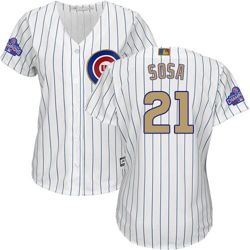 Cubs #21 Sammy Sosa White(Blue Strip) 2017 Gold Program Cool Base Women's Stitched MLB Jersey Cubs #21 Sammy Sosa White(Blue Strip) 2017 Gold Program Cool Base Women's Stitched MLB Jersey