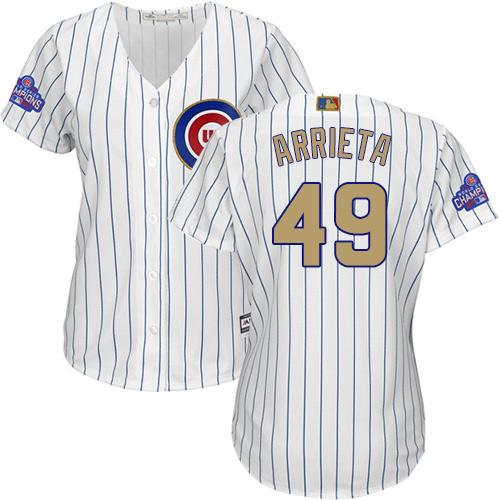 Cubs #49 Jake Arrieta White(Blue Strip) 2017 Gold Program Cool Base Women's Stitched MLB Jersey Cubs #49 Jake Arrieta White(Blue Strip) 2017 Gold Program Cool Base Women's Stitched MLB Jersey