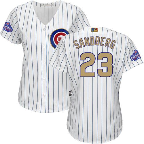 Cubs #23 Ryne Sandberg White(Blue Strip) 2017 Gold Program Cool Base Women's Stitched MLB Jersey Cubs #23 Ryne Sandberg White(Blue Strip) 2017 Gold Program Cool Base Women's Stitched MLB Jersey