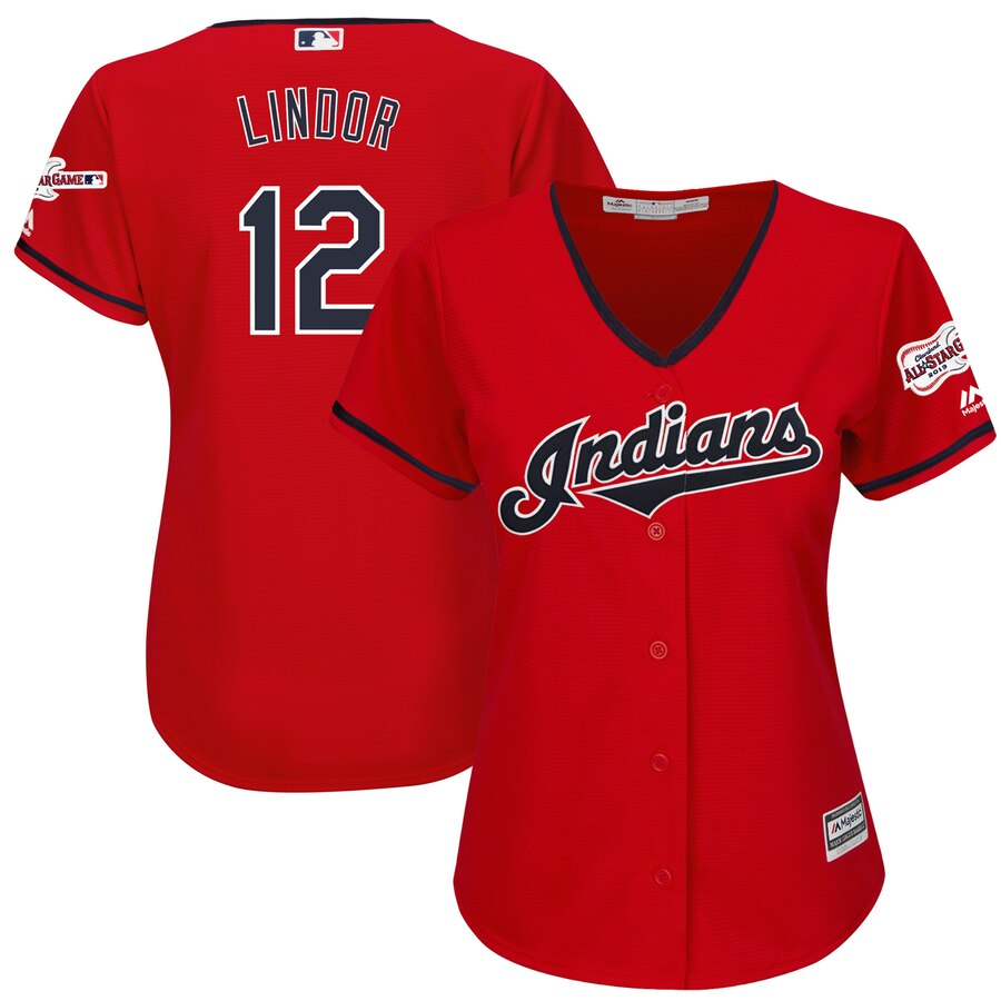 Cleveland Indians #12 Francisco Lindor Majestic Women's Alternate 2019 All-Star Game Patch Cool Base Player Jersey Scarlet