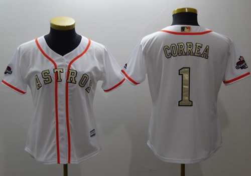 Astros #1 Carlos Correa White 2017 World Series Champions Gold Program Cool Base Women's Stitched MLB Jersey Astros #1 Carlos Correa White 2017 World Series Champions Gold Program Cool Base Women's Stitched MLB Jersey