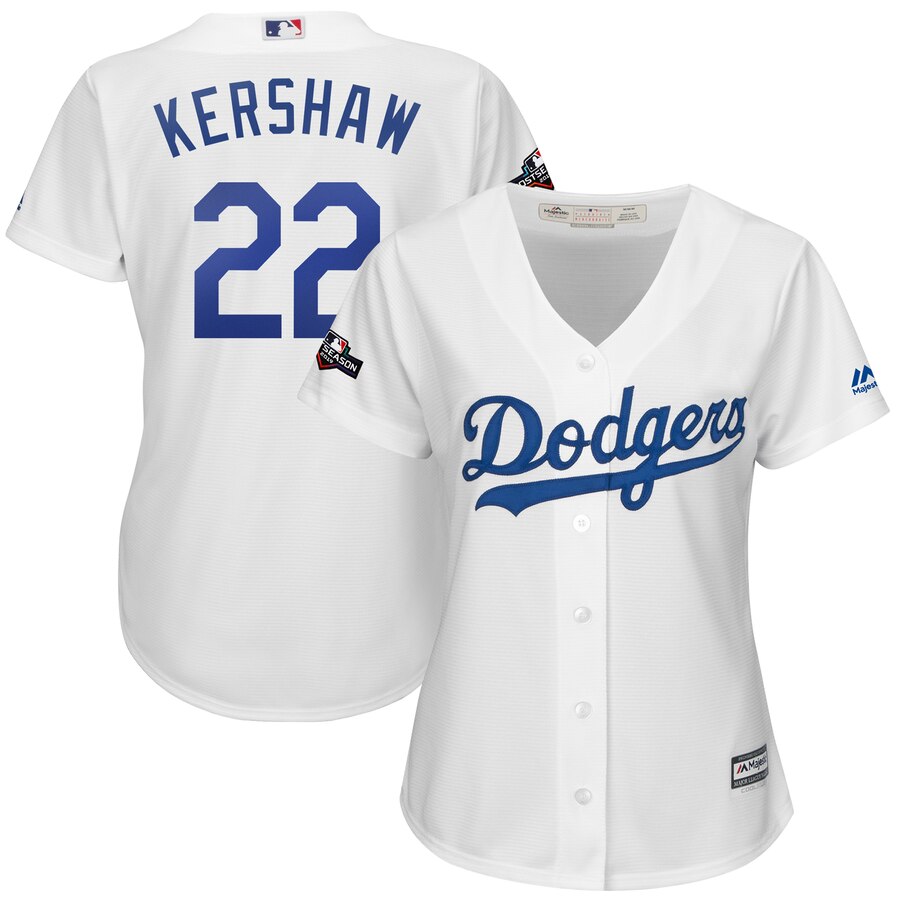 Los Angeles Dodgers #22 Clayton Kershaw Majestic Women's 2019 Postseason Home Official Cool Base Player Jersey White Los Angeles Dodgers #22 Clayton Kershaw Majestic Women's 2019 Postseason Home Official Cool Base Player Jersey White