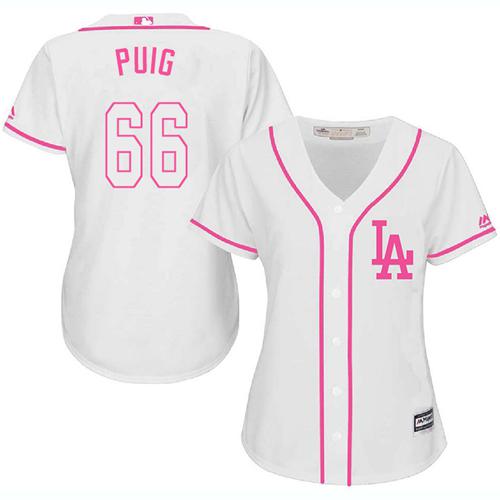Dodgers #66 Yasiel Puig White/Pink Fashion Women's Stitched MLB Jersey Dodgers #66 Yasiel Puig White/Pink Fashion Women's Stitched MLB Jersey