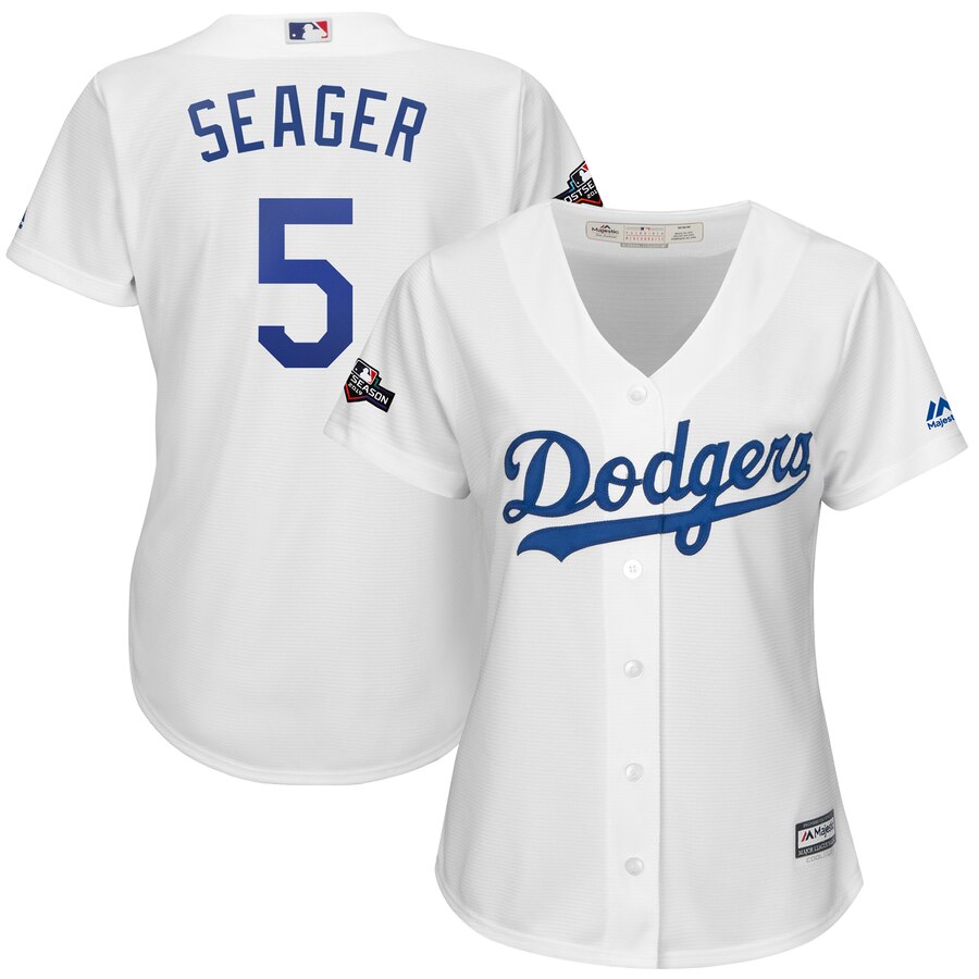 Los Angeles Dodgers #5 Corey Seager Majestic Women's 2019 Postseason Home Official Cool Base Player Jersey White Los Angeles Dodgers #5 Corey Seager Majestic Women's 2019 Postseason Home Official Cool Base Player Jersey White
