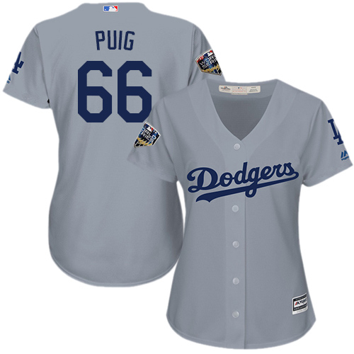 Dodgers #66 Yasiel Puig Grey Alternate Road 2018 World Series Women's Stitched MLB Jersey Dodgers #66 Yasiel Puig Grey Alternate Road 2018 World Series Women's Stitched MLB Jersey