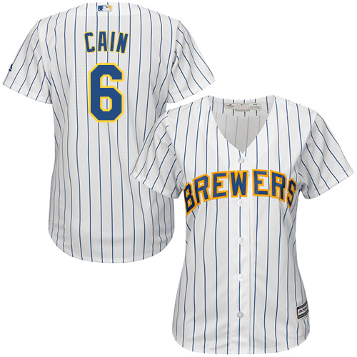 Brewers #6 Lorenzo Cain White Strip Home Women's Stitched MLB Jersey Brewers #6 Lorenzo Cain White Strip Home Women's Stitched MLB Jersey