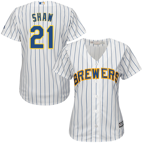 Brewers #21 Travis Shaw White Strip Home Women's Stitched MLB Jersey Brewers #21 Travis Shaw White Strip Home Women's Stitched MLB Jersey