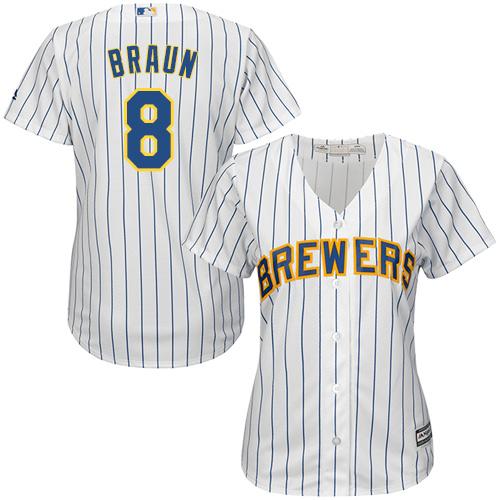 Brewers #8 Ryan Braun White With Blue Strip Lady Fashion Stitched MLB Jersey Brewers #8 Ryan Braun White With Blue Strip Lady Fashion Stitched MLB Jersey
