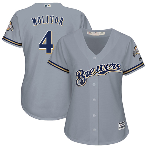 Brewers #4 Paul Molitor Grey Road Women's Stitched MLB Jersey Brewers #4 Paul Molitor Grey Road Women's Stitched MLB Jersey