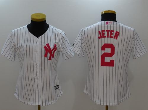 Yankees #2 Derek Jeter White Strip Mother's Day Cool Base Women's Stitched MLB Jersey Yankees #2 Derek Jeter White Strip Mother's Day Cool Base Women's Stitched MLB Jersey