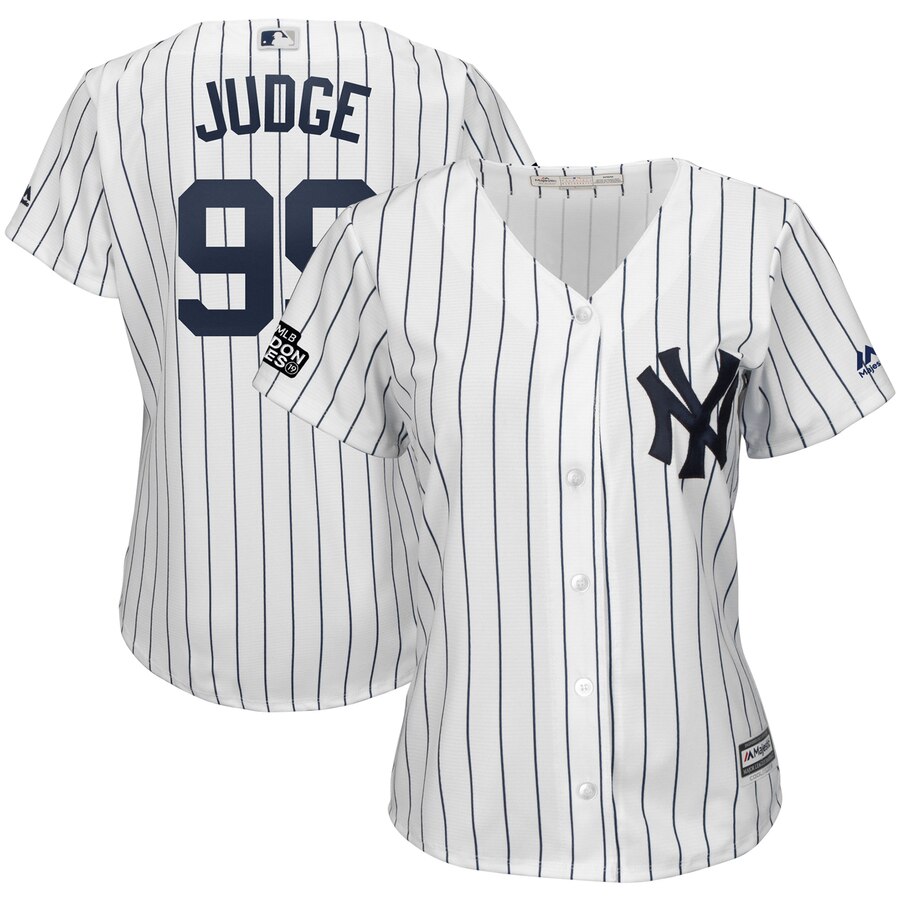 New York Yankees #99 Aaron Judge Majestic Women's 2019 London Series Cool Base Player JerseyWhite Navy