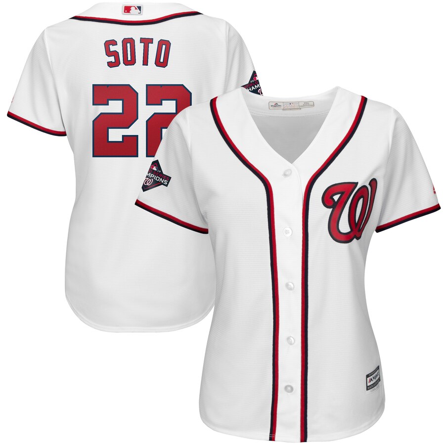 Washington Nationals #22 Juan Soto Majestic Women's 2019 World Series Champions Home Cool Base Patch Player Jersey White