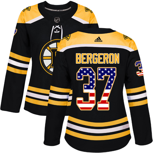 Adidas Bruins #37 Patrice Bergeron Black Home Authentic USA Flag Women's Stitched NHL Jersey