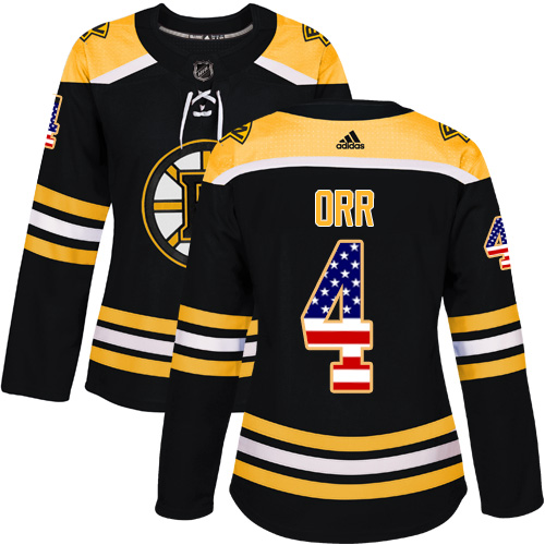 Adidas Bruins #4 Bobby Orr Black Home Authentic USA Flag Women's Stitched NHL Jersey Adidas Bruins #4 Bobby Orr Black Home Authentic USA Flag Women's Stitched NHL Jersey