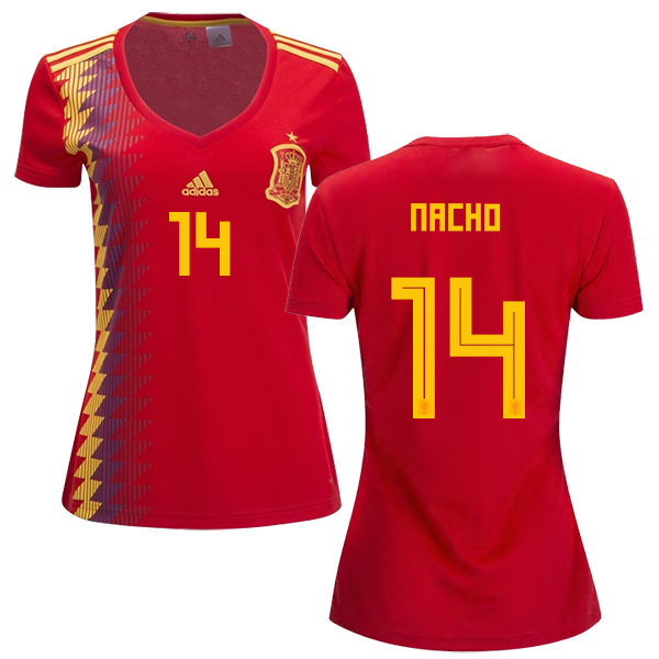 Women's Spain #14 Nacho Red Home Soccer Country Jersey Women's Spain #14 Nacho Red Home Soccer Country Jersey