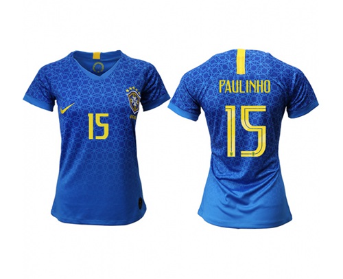 Women's Brazil #15 Paulinho Away Soccer Country Jersey Women's Brazil #15 Paulinho Away Soccer Country Jersey