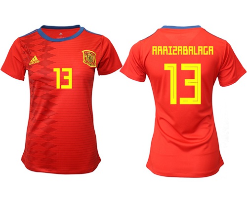 Women's Spain #13 Arrizabalaga Red Home Soccer Country Jersey Women's Spain #13 Arrizabalaga Red Home Soccer Country Jersey