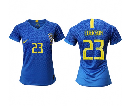 Women's Brazil #23 Ederson Away Soccer Country Jersey Women's Brazil #23 Ederson Away Soccer Country Jersey