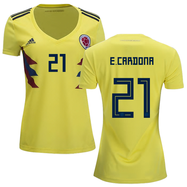 Women's Colombia #21 E.Cardona Home Soccer Country Jersey Women's Colombia #21 E.Cardona Home Soccer Country Jersey