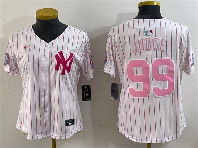 Women's New York Yankees #99 Aaron Judge White/Pink Pinstripe Limited Stitched Baseball Jersey(Run Small)