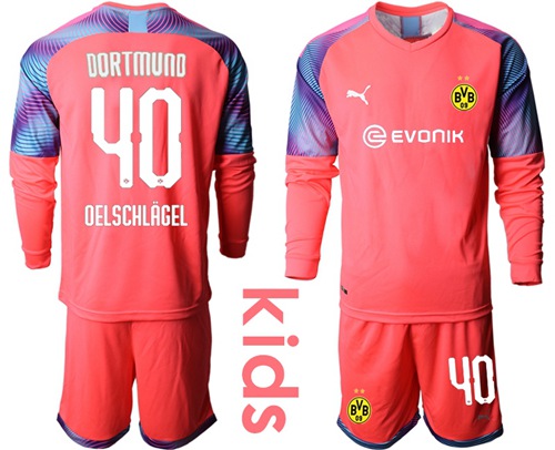 Dortmund #40 Oelschlagel Pink Goalkeeper Long Sleeves Kid Soccer Club Jersey Dortmund #40 Oelschlagel Pink Goalkeeper Long Sleeves Kid Soccer Club Jersey