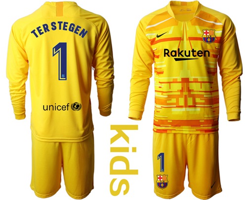 Barcelona #1 Ter Stegen Yellow Goalkeeper Long Sleeves Kid Soccer Club Jersey Barcelona #1 Ter Stegen Yellow Goalkeeper Long Sleeves Kid Soccer Club Jersey