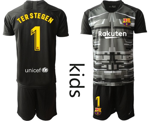Barcelona #1 Ter Stegen Black Goalkeeper Kid Soccer Club Jersey Barcelona #1 Ter Stegen Black Goalkeeper Kid Soccer Club Jersey