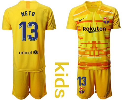 Barcelona #13 Neto Yellow Goalkeeper Kid Soccer Club Jersey Barcelona #13 Neto Yellow Goalkeeper Kid Soccer Club Jersey