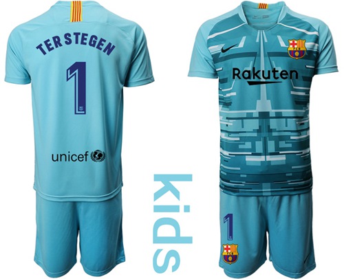 Barcelona #1 Ter Stegen Light Blue Goalkeeper Kid Soccer Club Jersey Barcelona #1 Ter Stegen Light Blue Goalkeeper Kid Soccer Club Jersey
